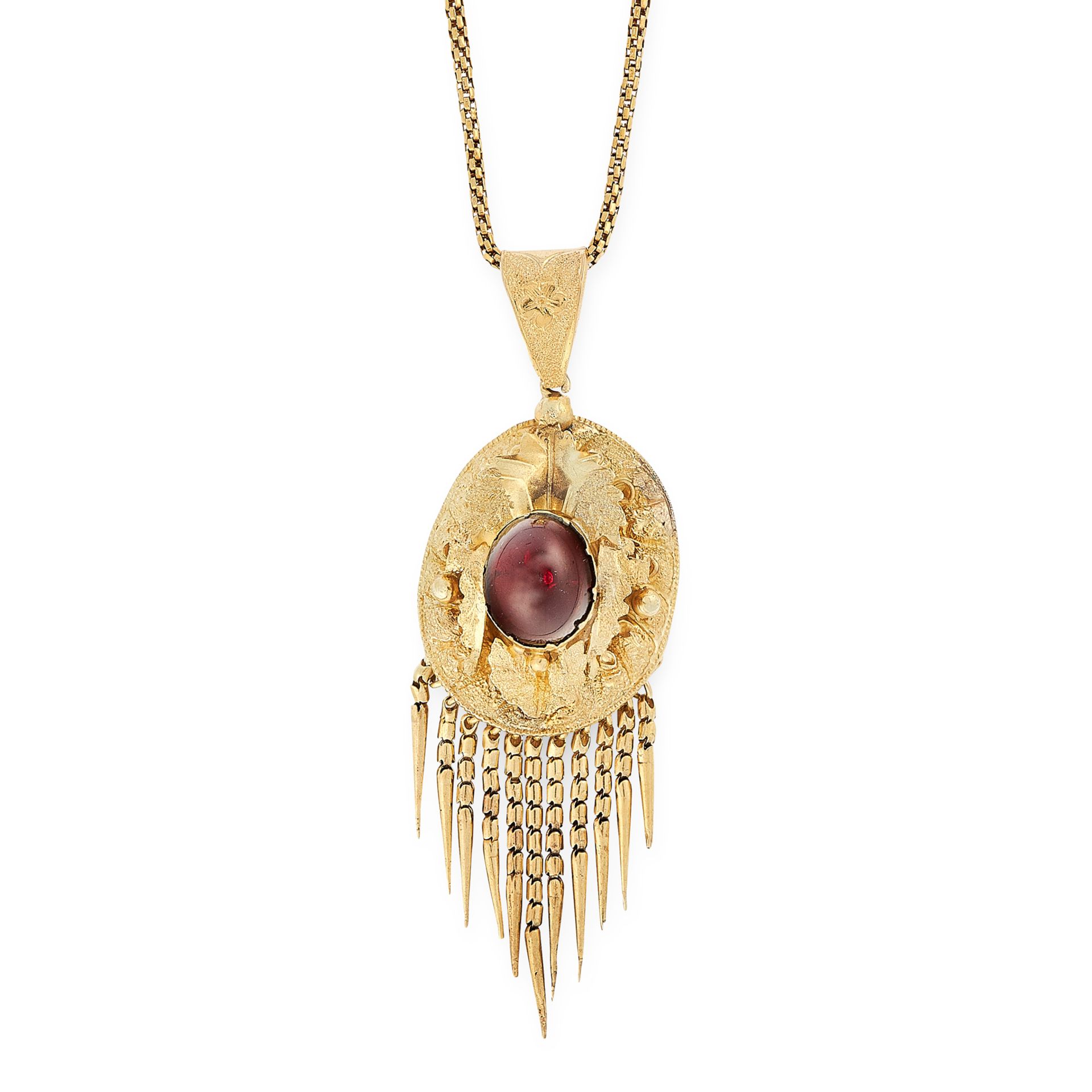 AN ANTIQUE VICTORIAN GARNET PENDANT AND CHAIN in high carat yellow gold, comprising of a cabochon