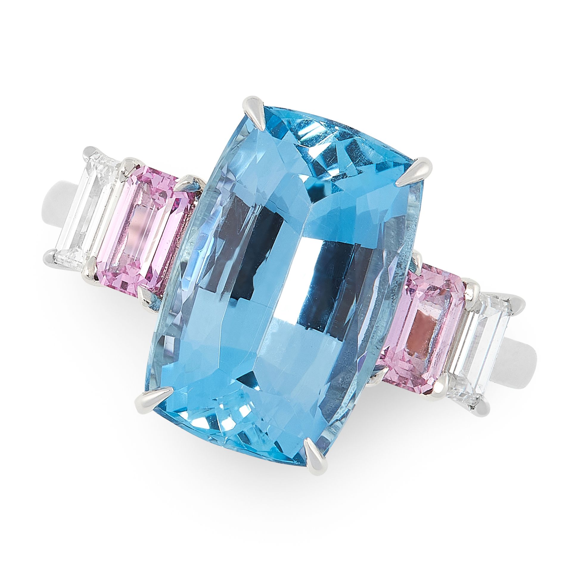 AN AQUAMARINE, PINK SAPPHIRE AND DIAMOND RING set with a cushion cut aquamarine of 4.93 carats