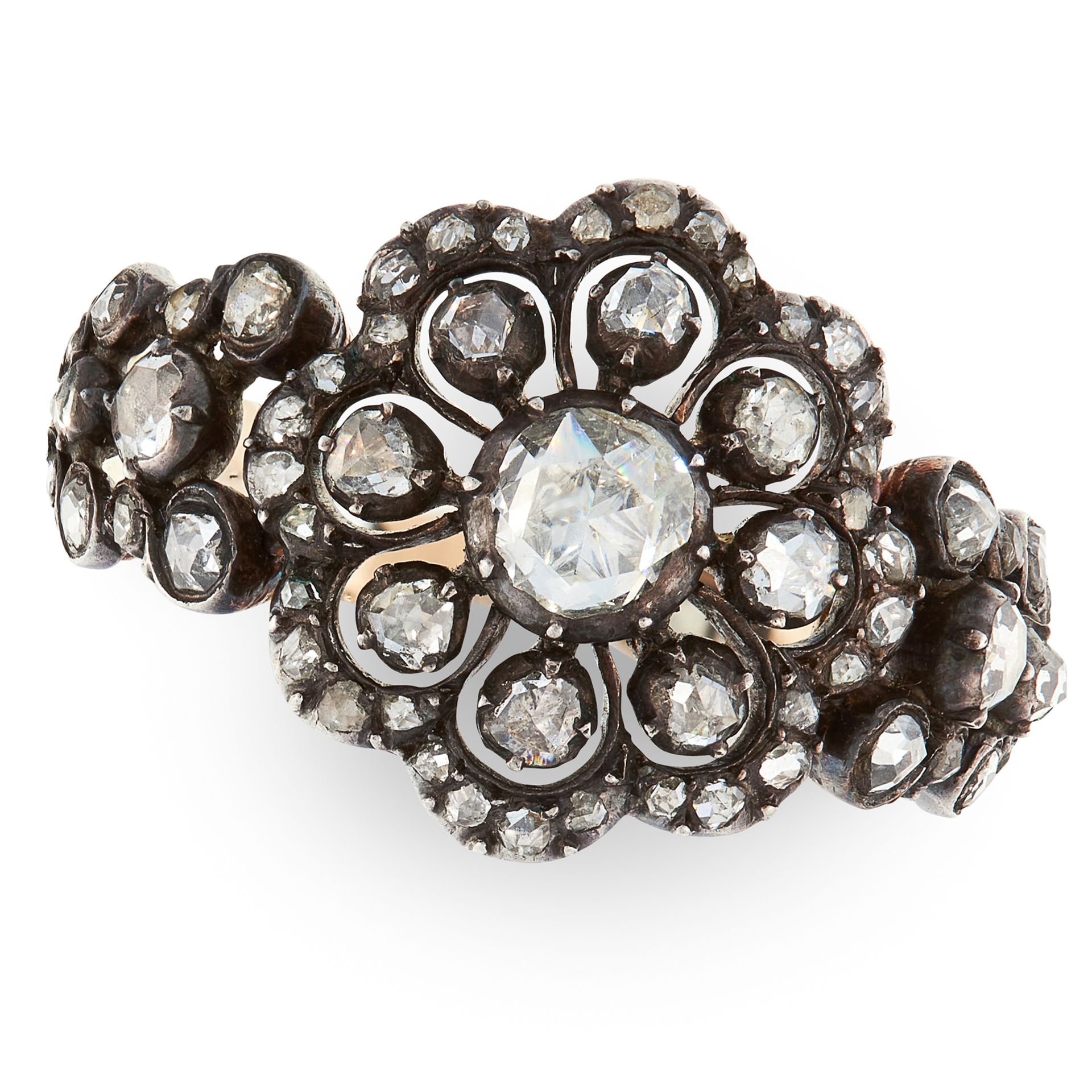 AN ANTIQUE DIAMOND FLEXIBLE RING, DUTCH in yellow gold and silver, set with clusters of rose cut