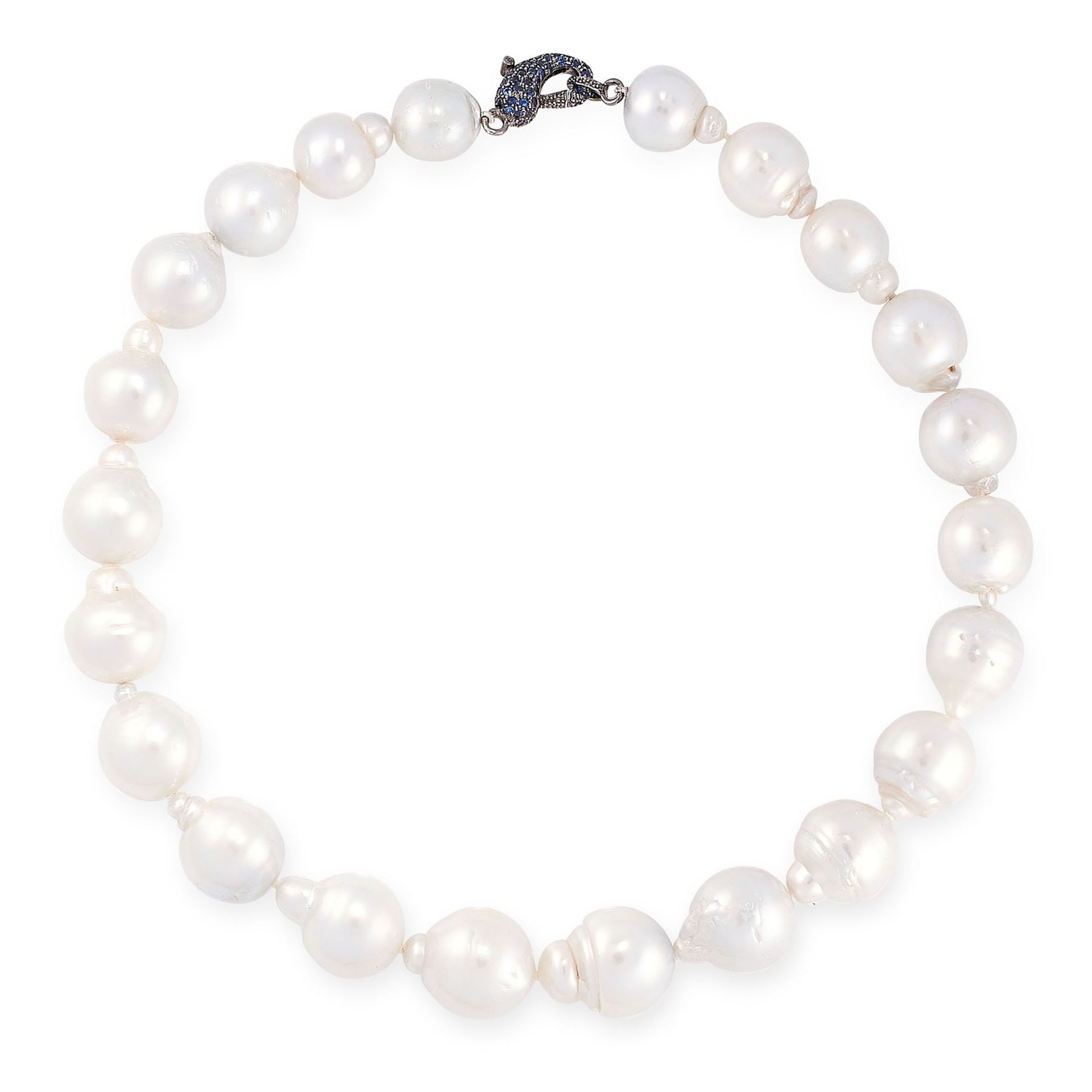 A BAROQUE PEARL AND SAPPHIRE NECKLACE in 14ct white gold, set with twenty two baroque pearls on a