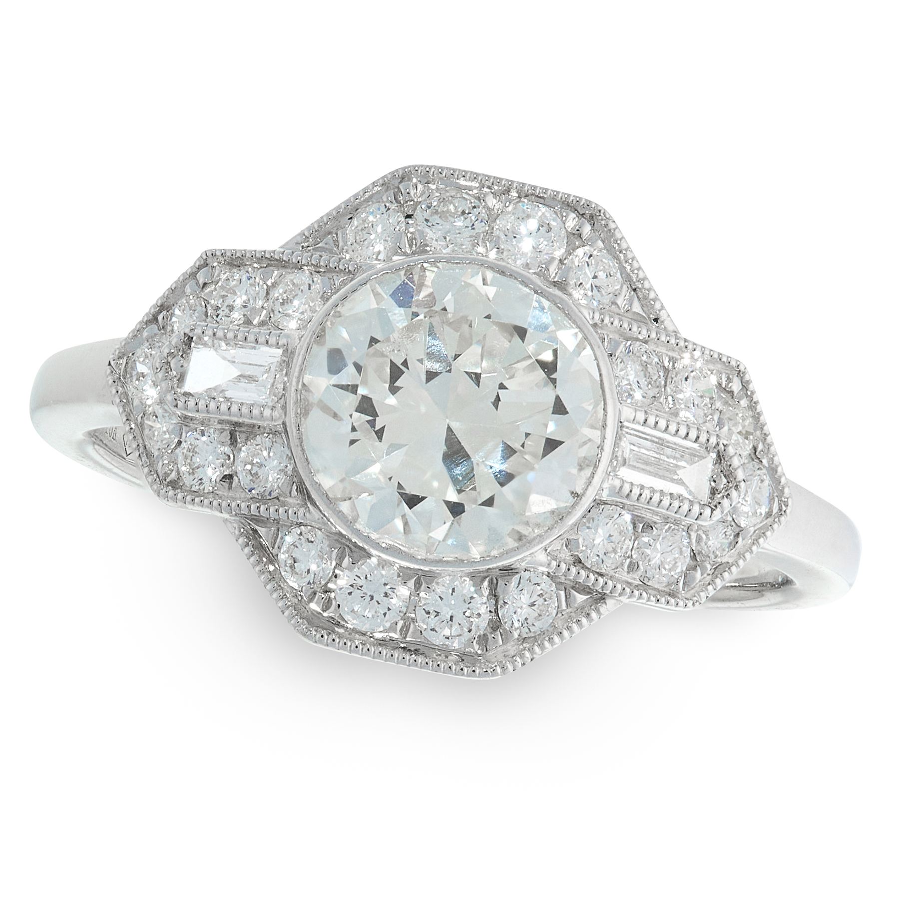 A DIAMOND DRESS RING in 18ct white gold, set with a central round cut diamond of 1.50 carats,