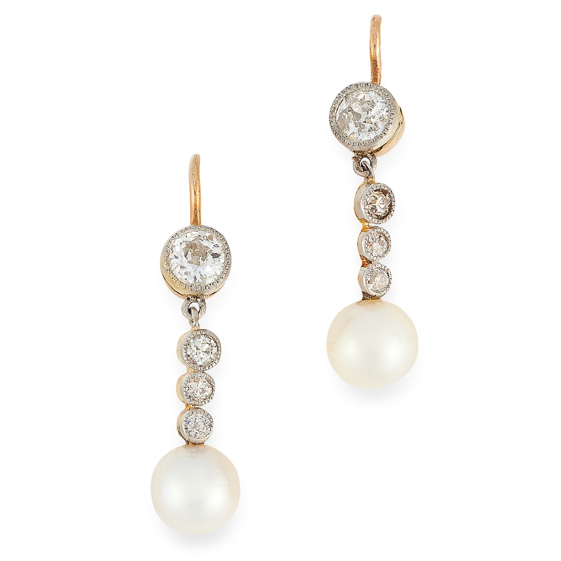 A PAIR OF DIAMOND AND PEARL DROP EARRINGS in yellow gold and silver, each set with a row of round