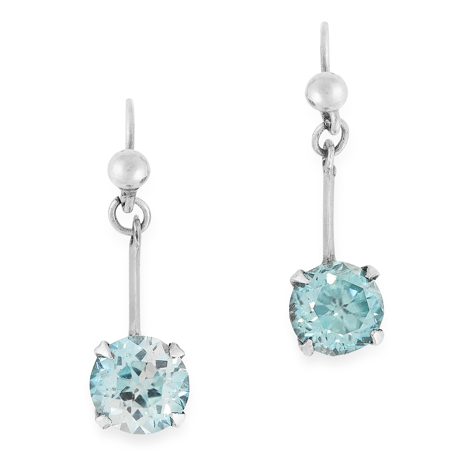 A PAIR OF BLUE ZIRCON EARRINGS comprising of a bar suspending a round cut blue zircon, totalling 3.