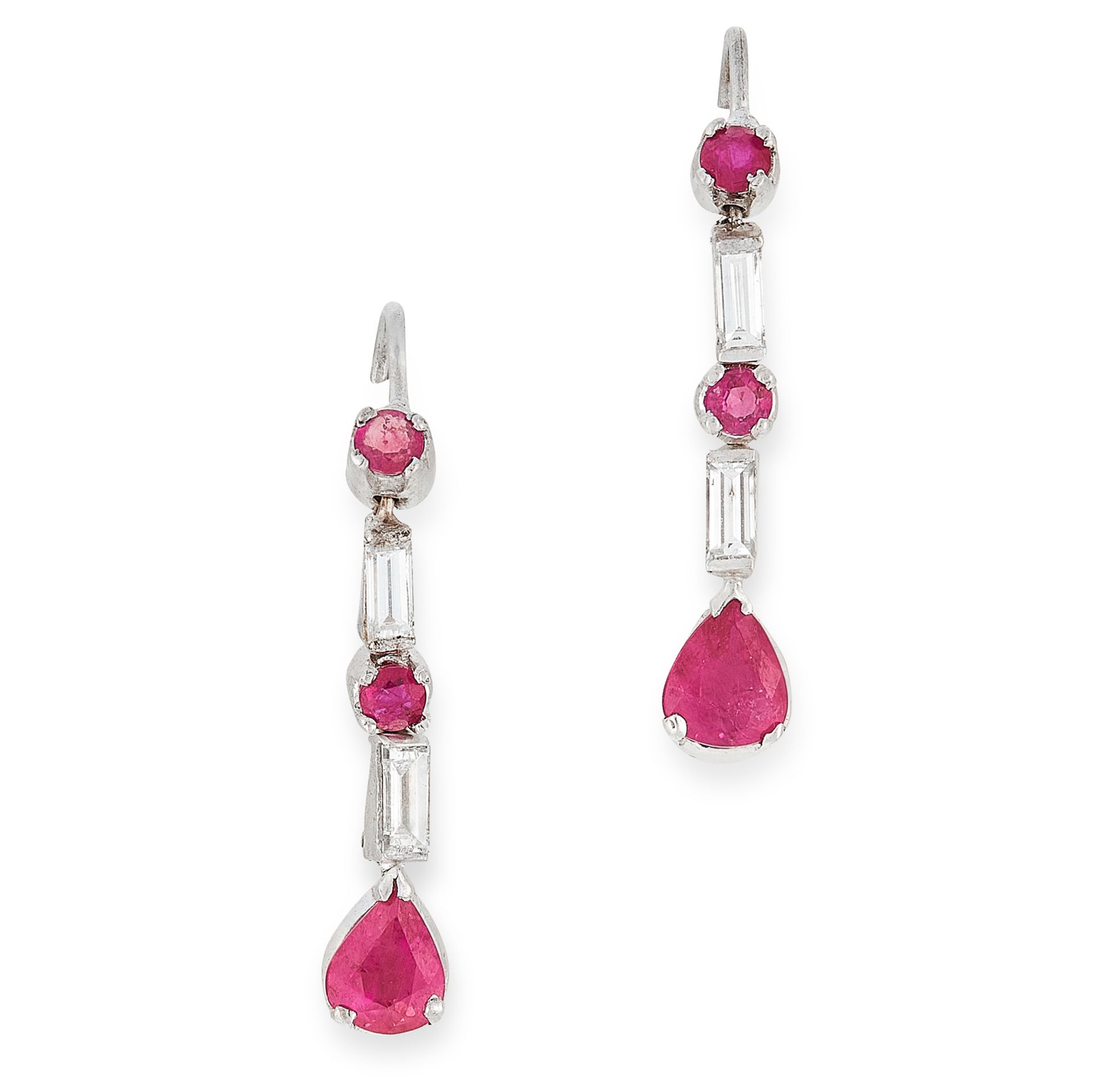 A PAIR OF RUBY AND DIAMOND DROP EARRINGS in white gold, each formed of an alternating row of round