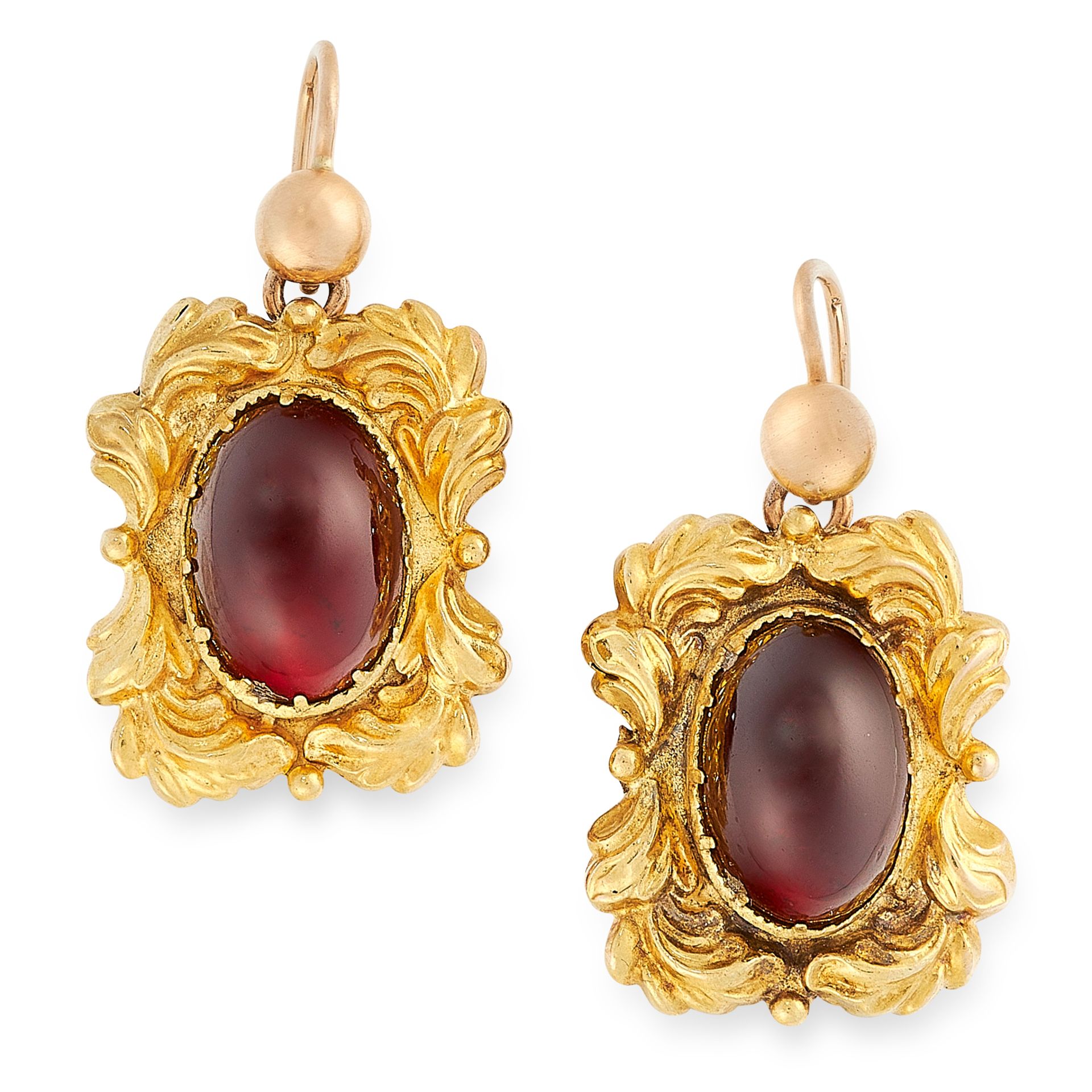 A PAIR OF ANTIQUE VICTORIAN GARNET EARRINGS in high carat yellow gold, the rectangular body is set