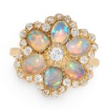 AN OPAL AND DIAMOND CLUSTER RING in yellow gold, comprising of a cluster face set with old cut