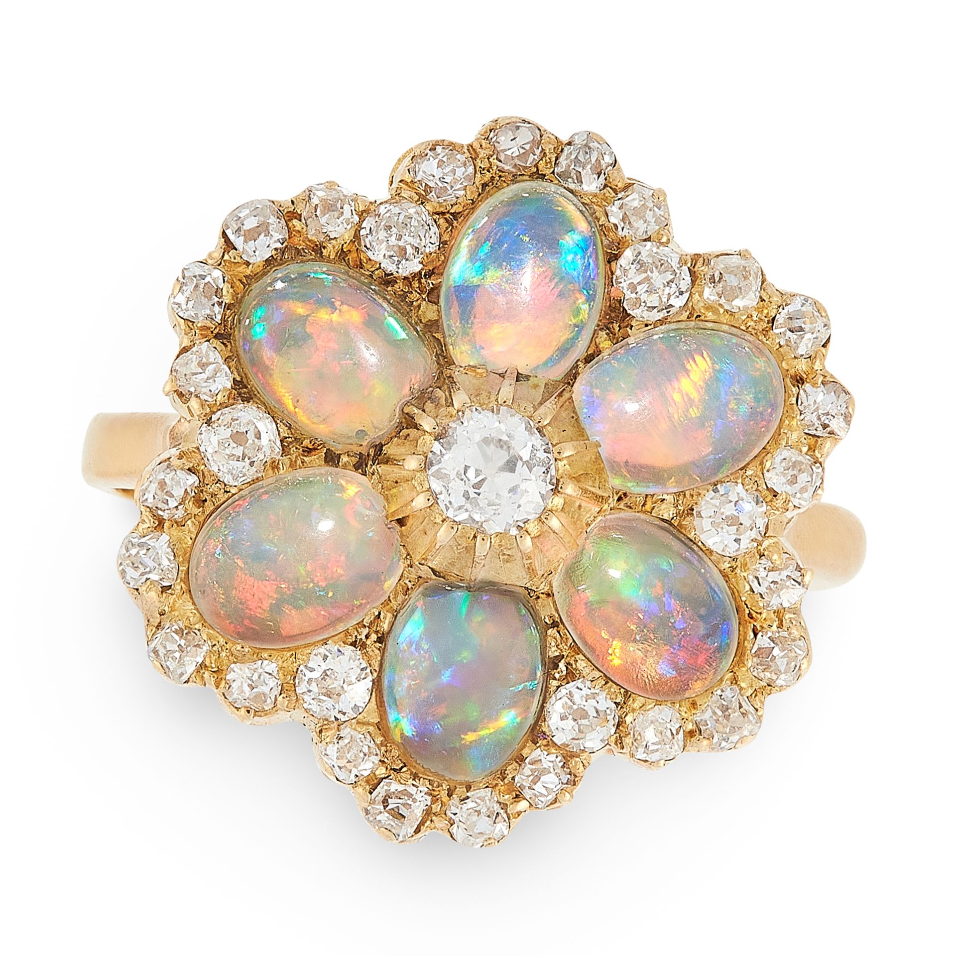 AN OPAL AND DIAMOND CLUSTER RING in yellow gold, comprising of a cluster face set with old cut