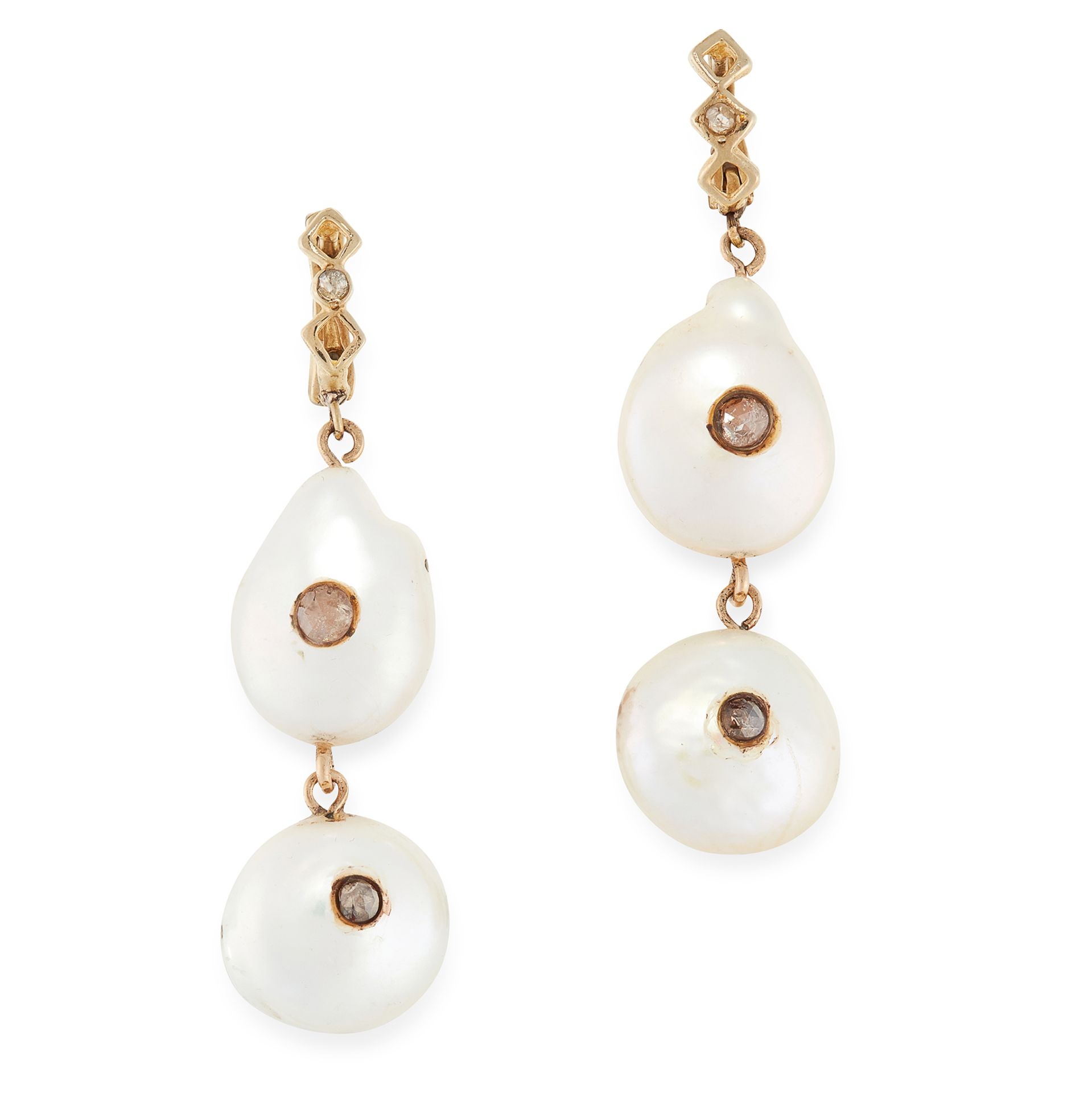 A PAIR OF PEARL AND DIAMOND EARRINGS in yellow gold, each formed of two diamond set pearl drops,