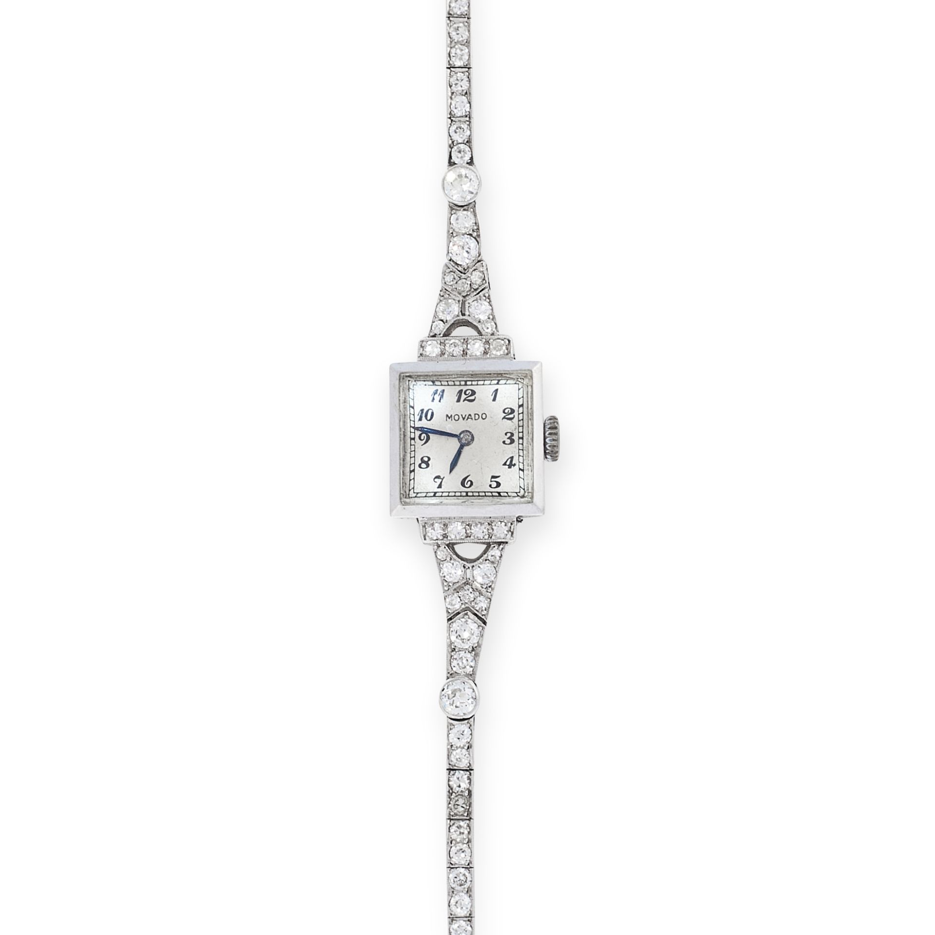 AN ART DECO DIAMOND COCKTAIL WATCH, MOVADO set with European cut diamonds to the bracelet and