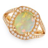 AN OPAL AND DIAMOND DRESS RING in 18ct yellow gold, set with an oval cabochon opal of 2.86 carats