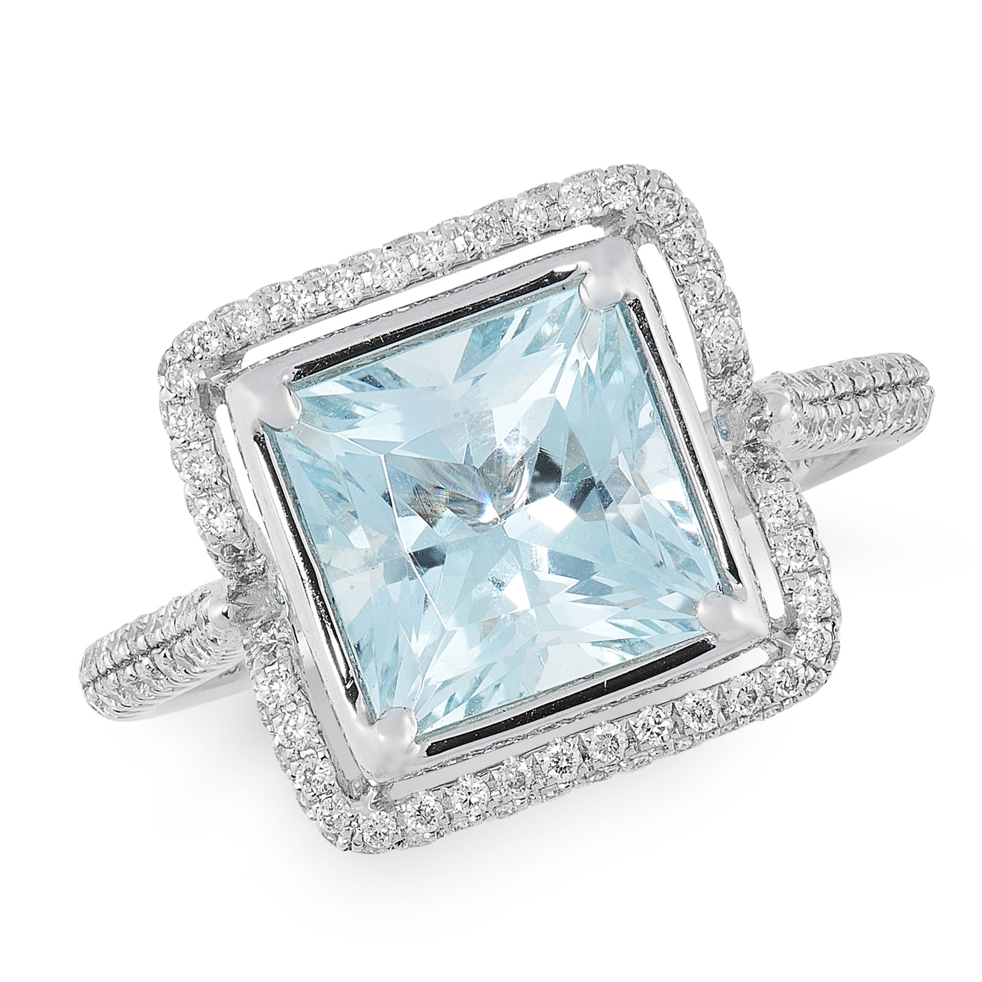 AN AQUAMARINE AND DIAMOND DRESS RING set with a princess cut aquamarine of 2.95 carats within a