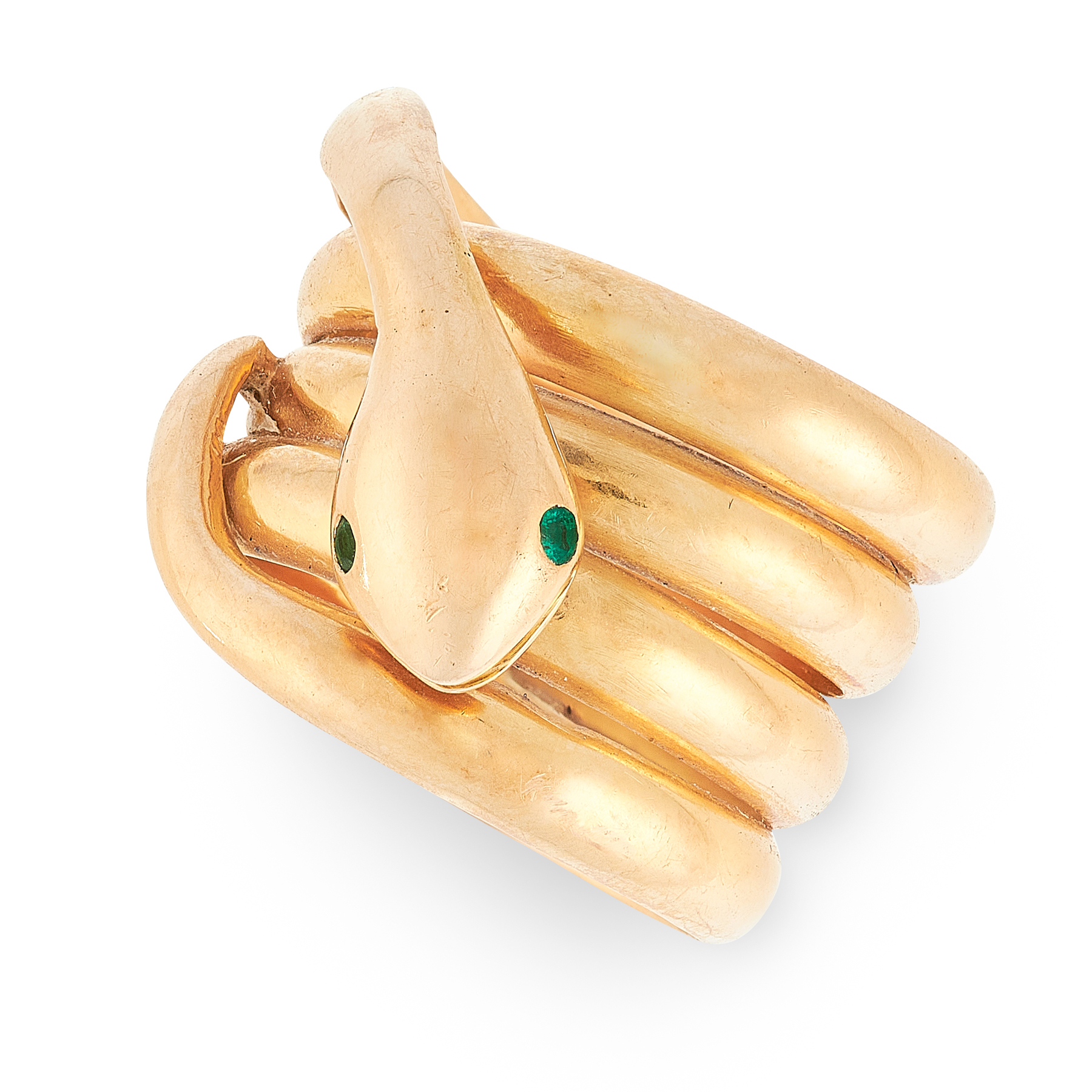 AN EMERALD SNAKE RING in 18ct yellow gold, comprised of a snake coiled around itself four times,