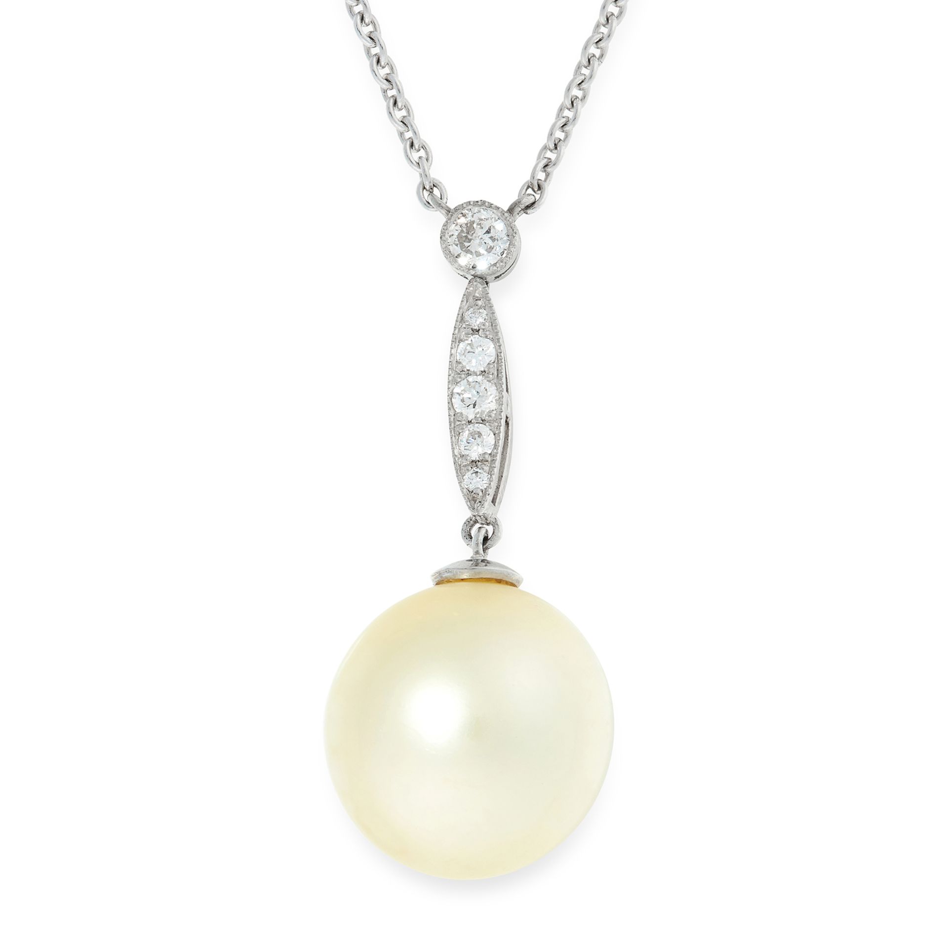 A PEARL AND DIAMOND PENDANT NECKLACE in 18ct white gold, set with a pearl of 14.5mm below a row of