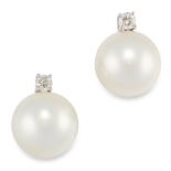 A PAIR OF PEARL AND DIAMOND EARRINGS in 18ct white gold, comprising of a round cut diamond beneath a