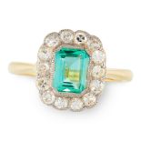 AN EMERALD AND DIAMOND CLUSTER RING in 18ct yellow gold, set with an emerald cut emerald of 0.64