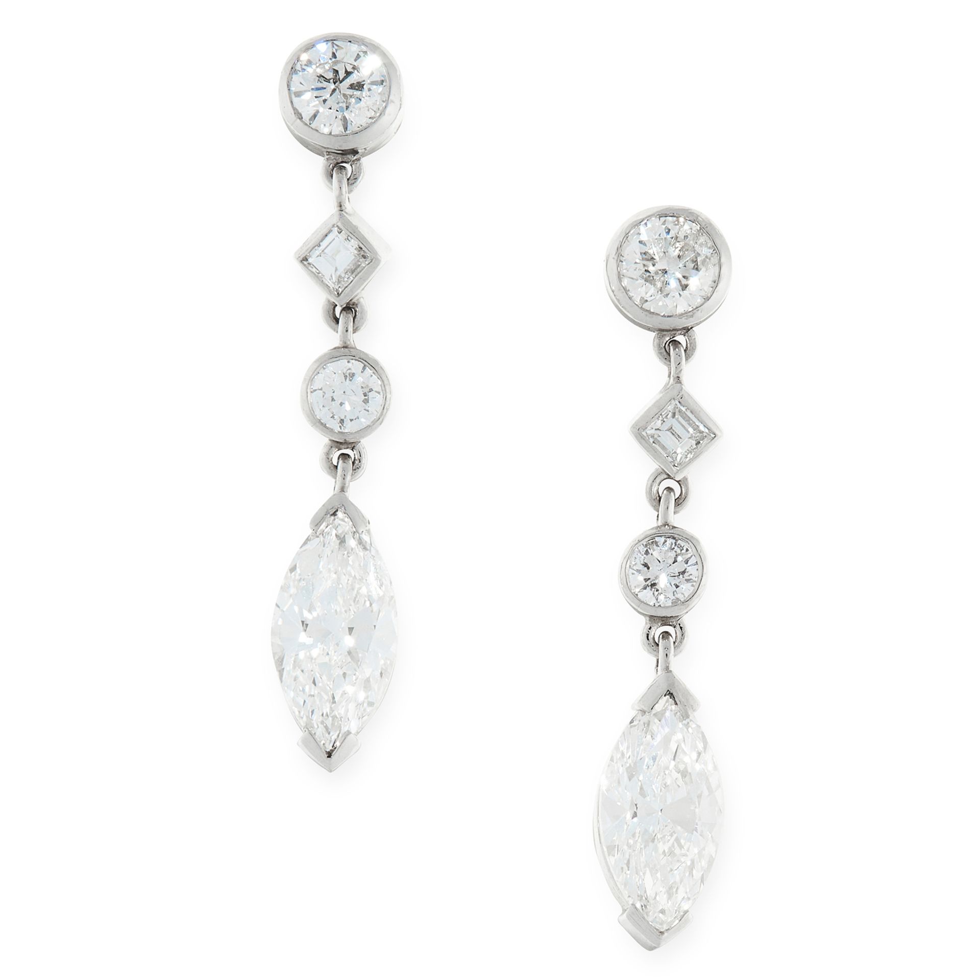 A PAIR OF DIAMOND DROP EARRINGS in 18ct white gold, each set with a marquise cut diamond below a row