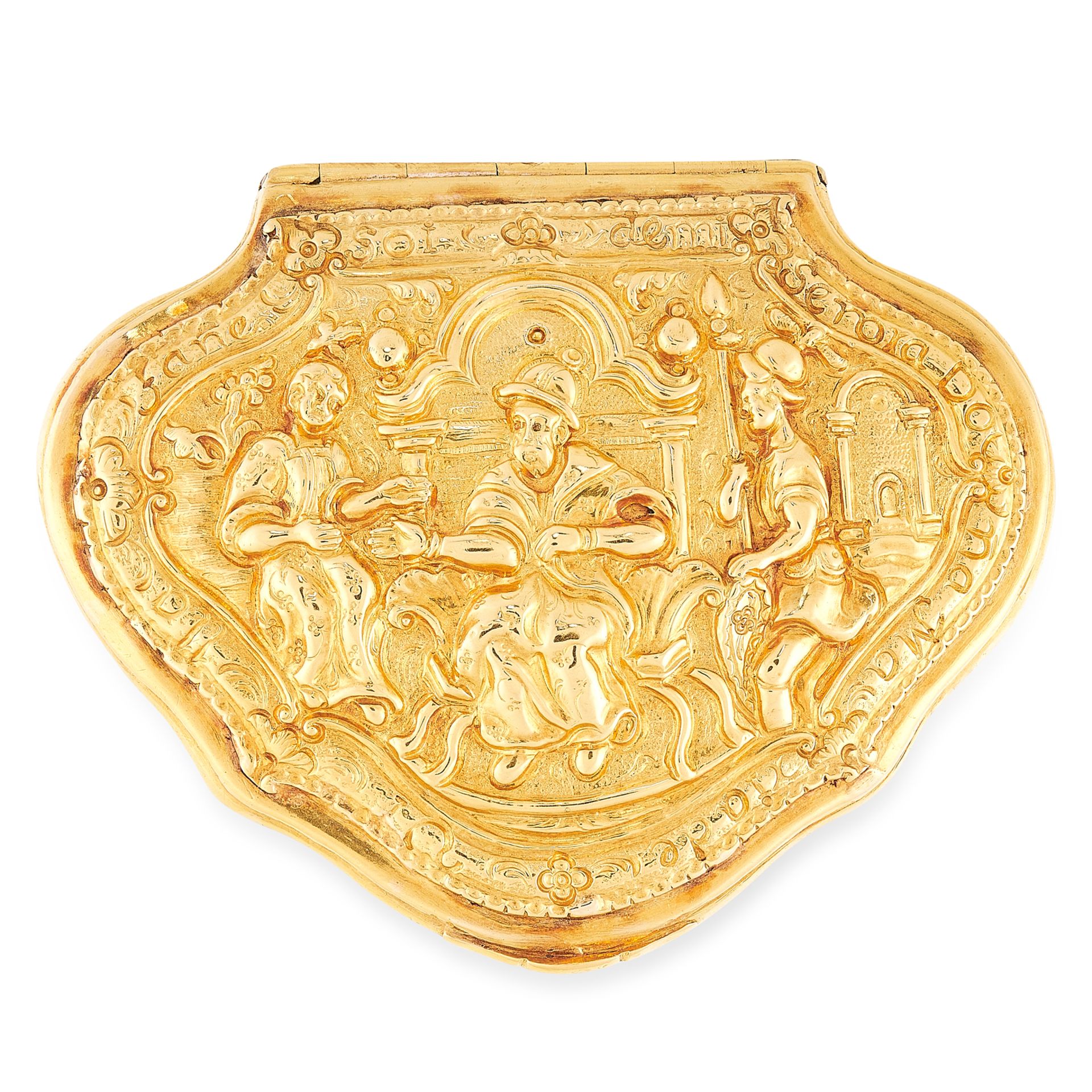 ANTIQUE GOLD REGIMENTAL SNUFF BOX, CIRCA 1750 in 18ct yellow gold, the lid is set with a scene of