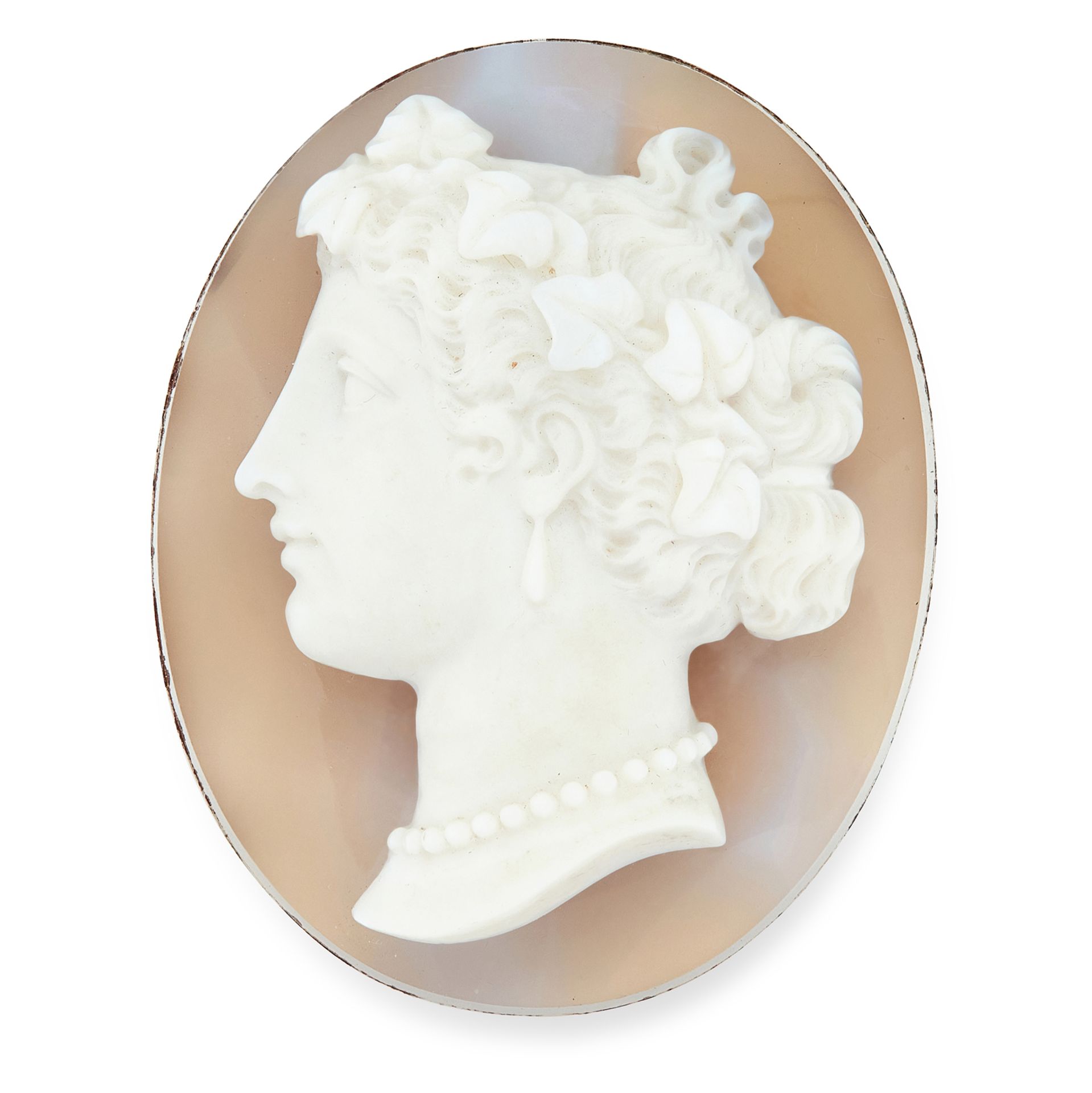 AN ANTIQUE AGATE CAMEO carved in high relief, depicting the bust of a lady, 4cm, unmarked, 19.1g.