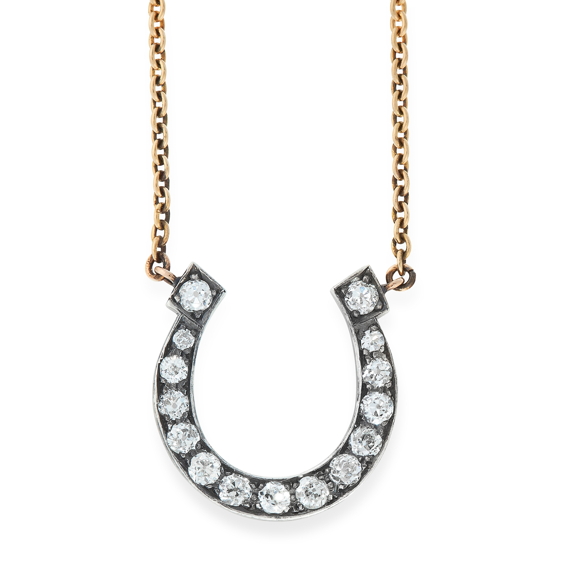 A DIAMOND HORSESHOE PENDANT NECKLACE in 18ct yellow gol and silver, formed of an antique horseshoe