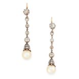 A PAIR OF ANTIQUE NATURAL SALTWATER PEARL AND DIAMOND DROP EARRINGS in yellow gold and silver,