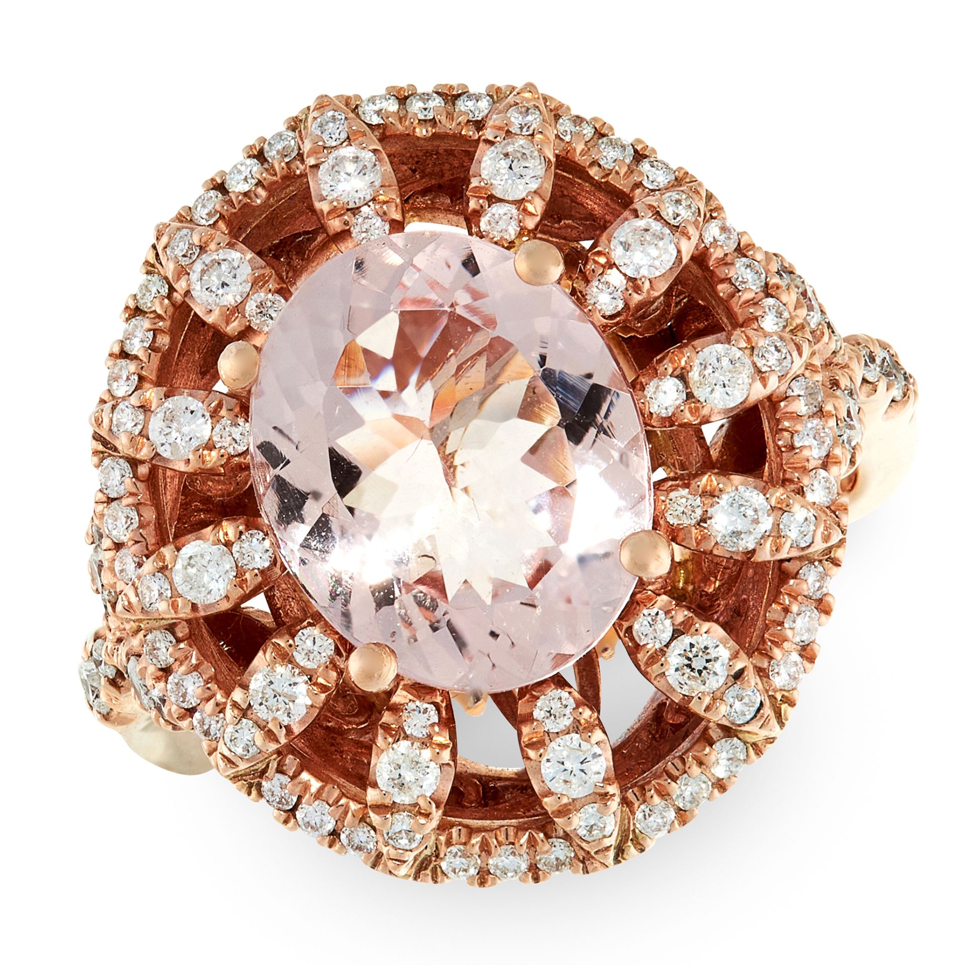 A MORGANITE AND DIAMOND CLUSTER RING in 14ct rose gold, set with an oval cut morganite in a border