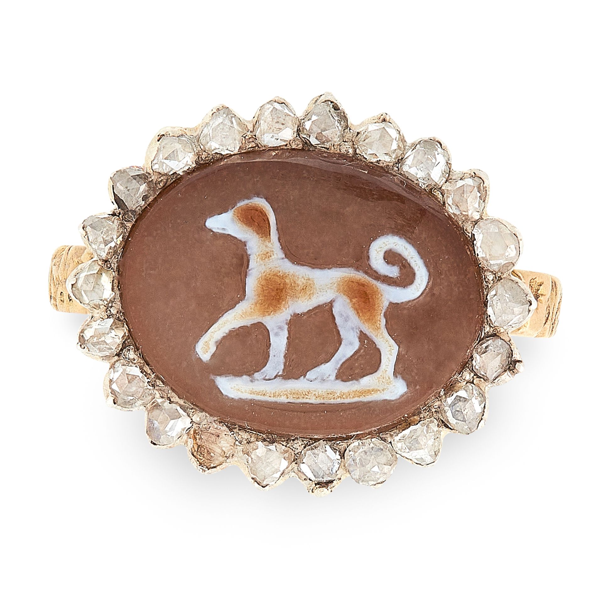 AN ANTIQUE GEORGIAN HARDSTONE CAMEO AND DIAMOND RING in high carat yellow gold, comprising of a