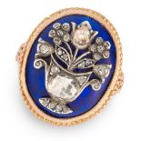AN ANTIQUE GEORGIAN ENAMEL AND DIAMOND RING in yellow gold, the oval face is decorated with blue