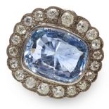 A 14.00 CARAT CEYLON NO HEAT SAPPHIRE AND DIAMOND CLUSTER RING in 18ct white gold, set with an