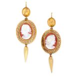 A PAIR OF ETRUSCAN REVIVAL CAMEO EARRINGS in high carat yellow gold, each formed of a carved shell