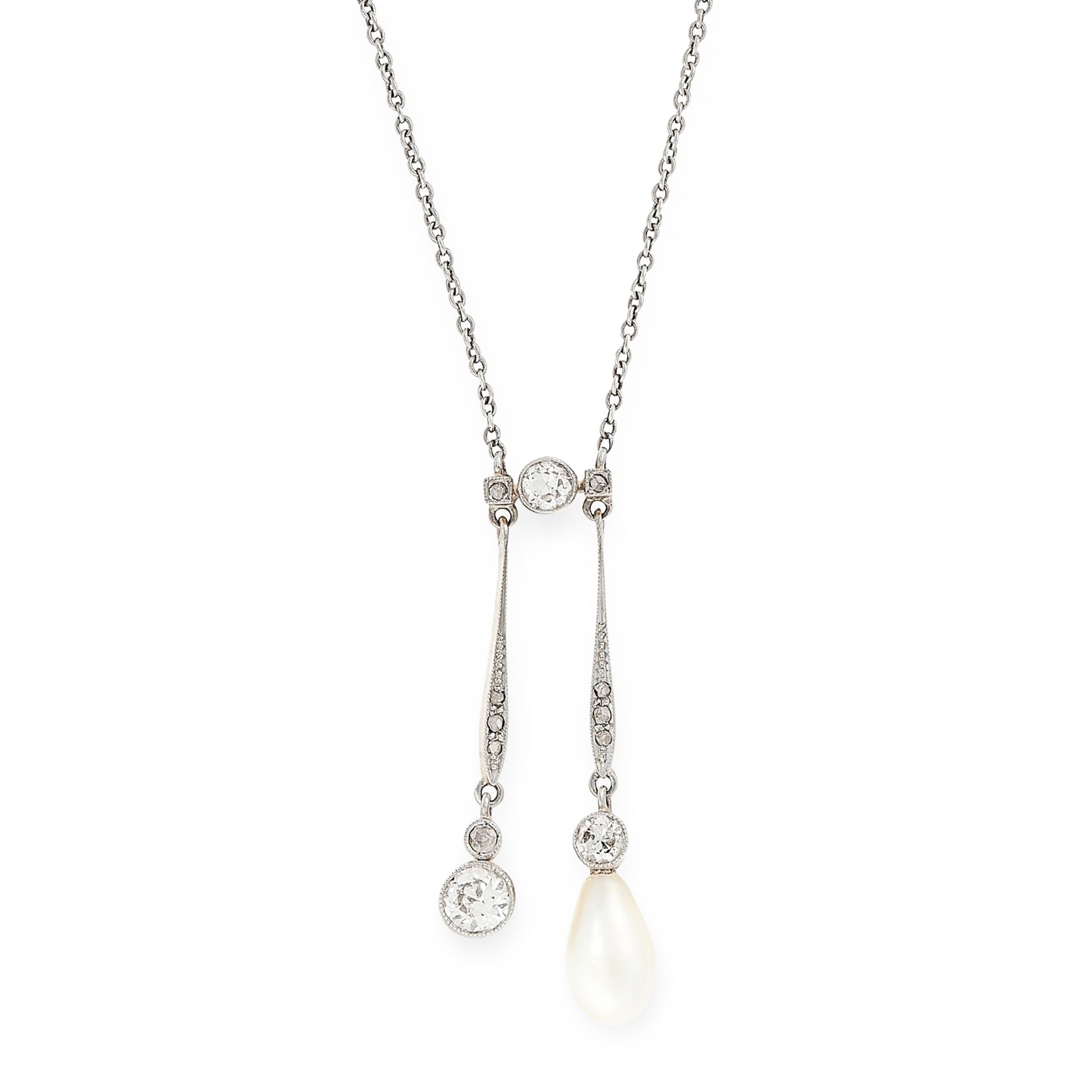 AN ANTIQUE EDWARDIAN DIAMOND AND NATURAL SALTWATER PEARL NEGLIGEE PENDANT in 15ct yellow gold,