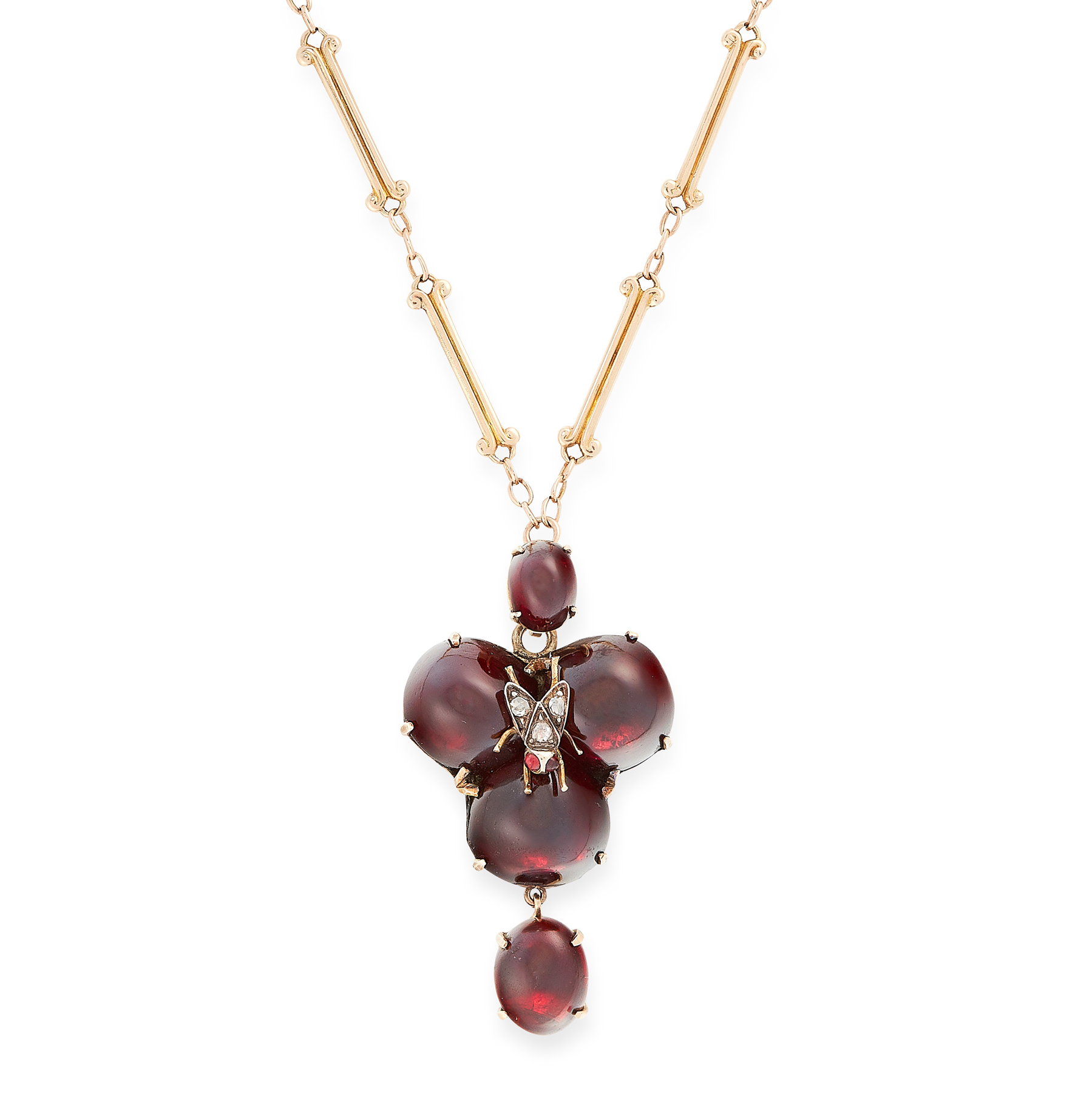 AN ANTIQUE VICTORIAN GARNET AND DIAMOND PENDANT AND CHAIN in high carat yellow gold, comprising of