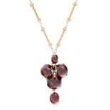 AN ANTIQUE VICTORIAN GARNET AND DIAMOND PENDANT AND CHAIN in high carat yellow gold, comprising of