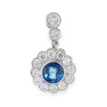 A SAPPHIRE AND DIAMOND PENDANT set with a round cut sapphire of 0.45 carats in a border of round cut
