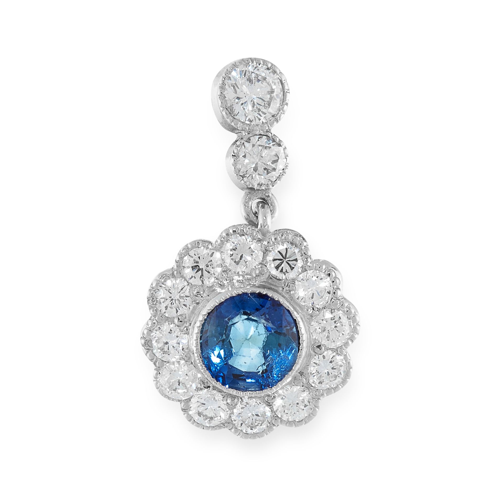 A SAPPHIRE AND DIAMOND PENDANT set with a round cut sapphire of 0.45 carats in a border of round cut