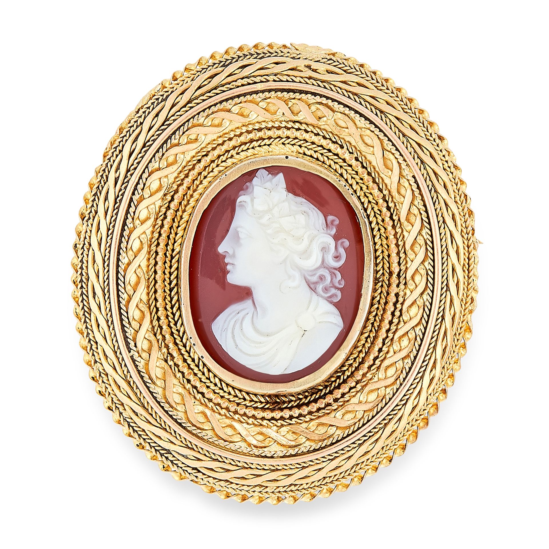 AN ANTIQUE AUSTRALIAN CAMEO BROOCH, GAUNT in high carat yellow gold, depicting a lady in an ornate
