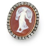 AN ANTIQUE CAMEO AND DIAMOND RING in 18ct yellow gold and silver, set with an oval carved cameo