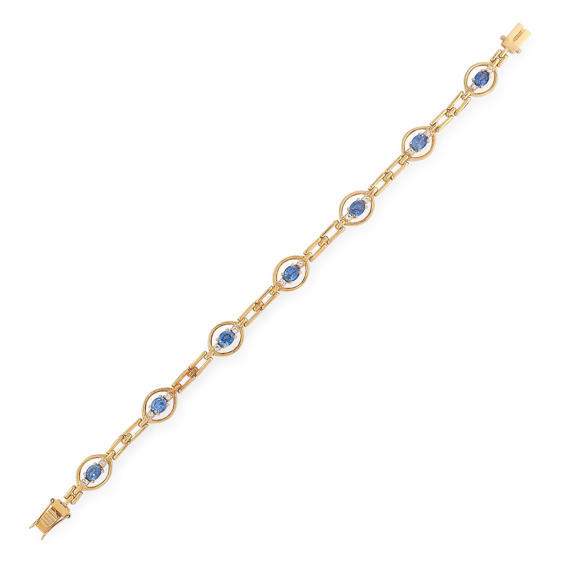 A SAPPHIRE AND DIAMOND BRACELET in 18ct yellow gold, the fancy link chain is set with oval cut