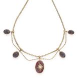 AN ANTIQUE GARNET AND DIAMOND NECKLACE in high carat yellow gold, the textured gold chain suspends