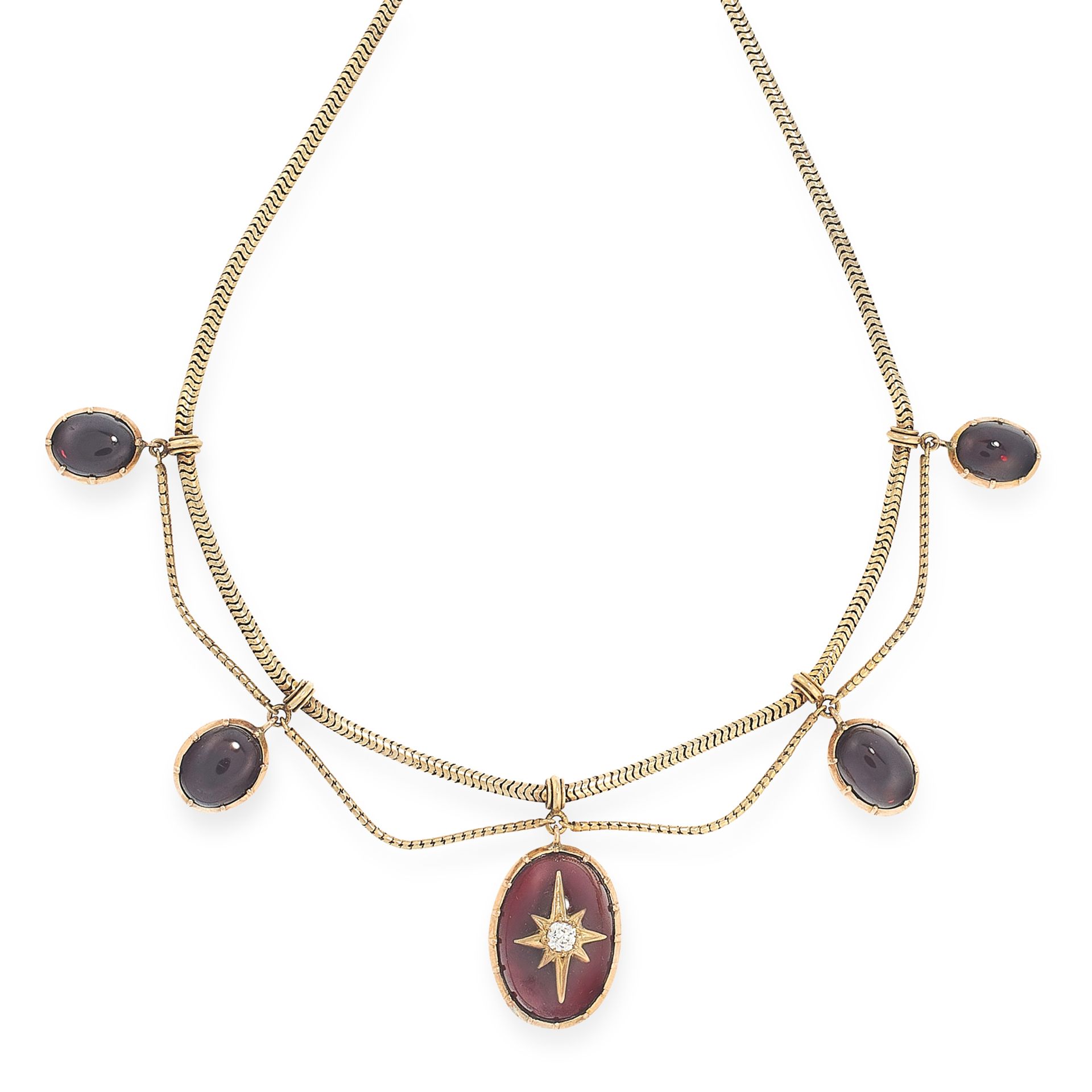 AN ANTIQUE GARNET AND DIAMOND NECKLACE in high carat yellow gold, the textured gold chain suspends