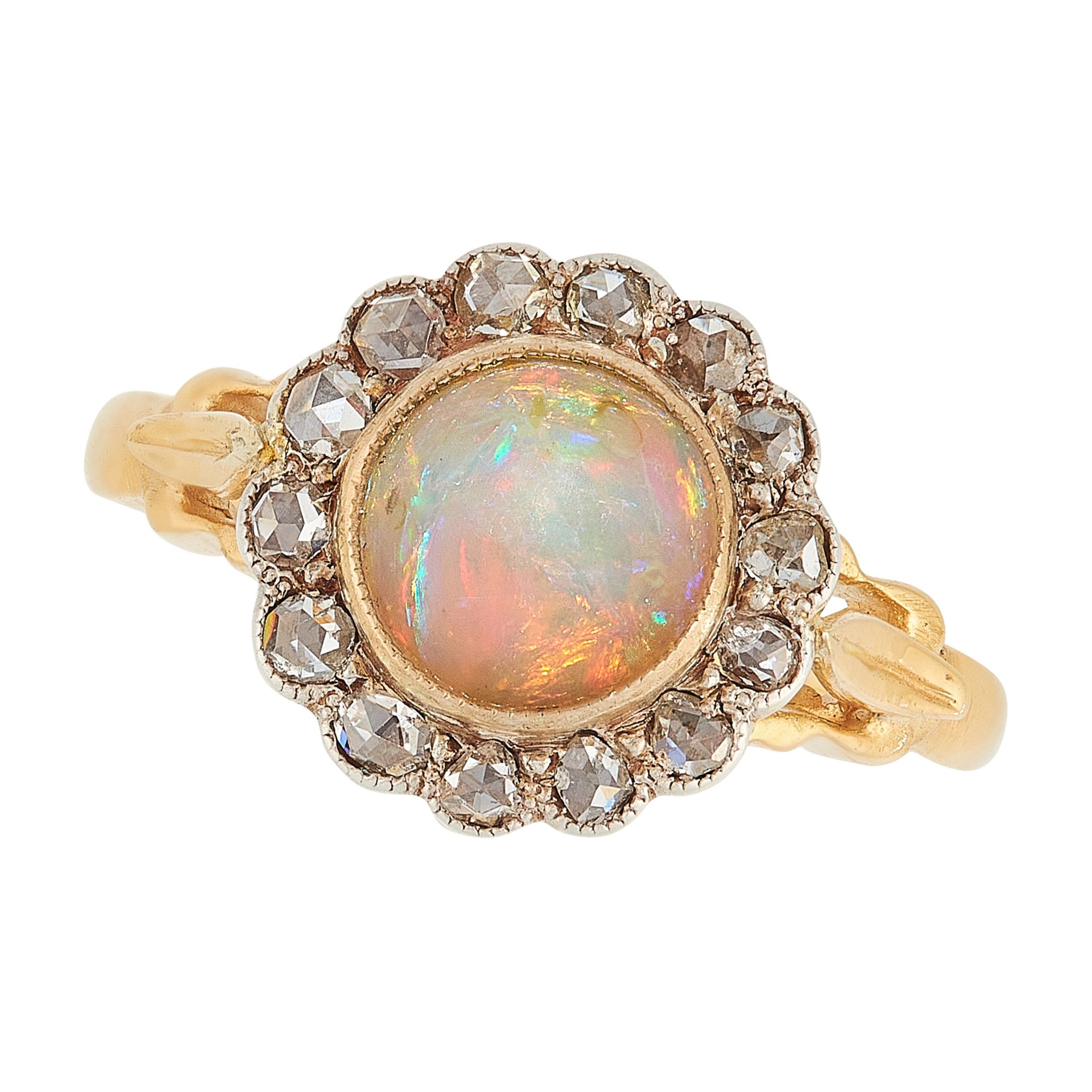 AN OPAL AND DIAMOND CLUSTER RING in high carat yellow gold, set with a cabochon opal in a border