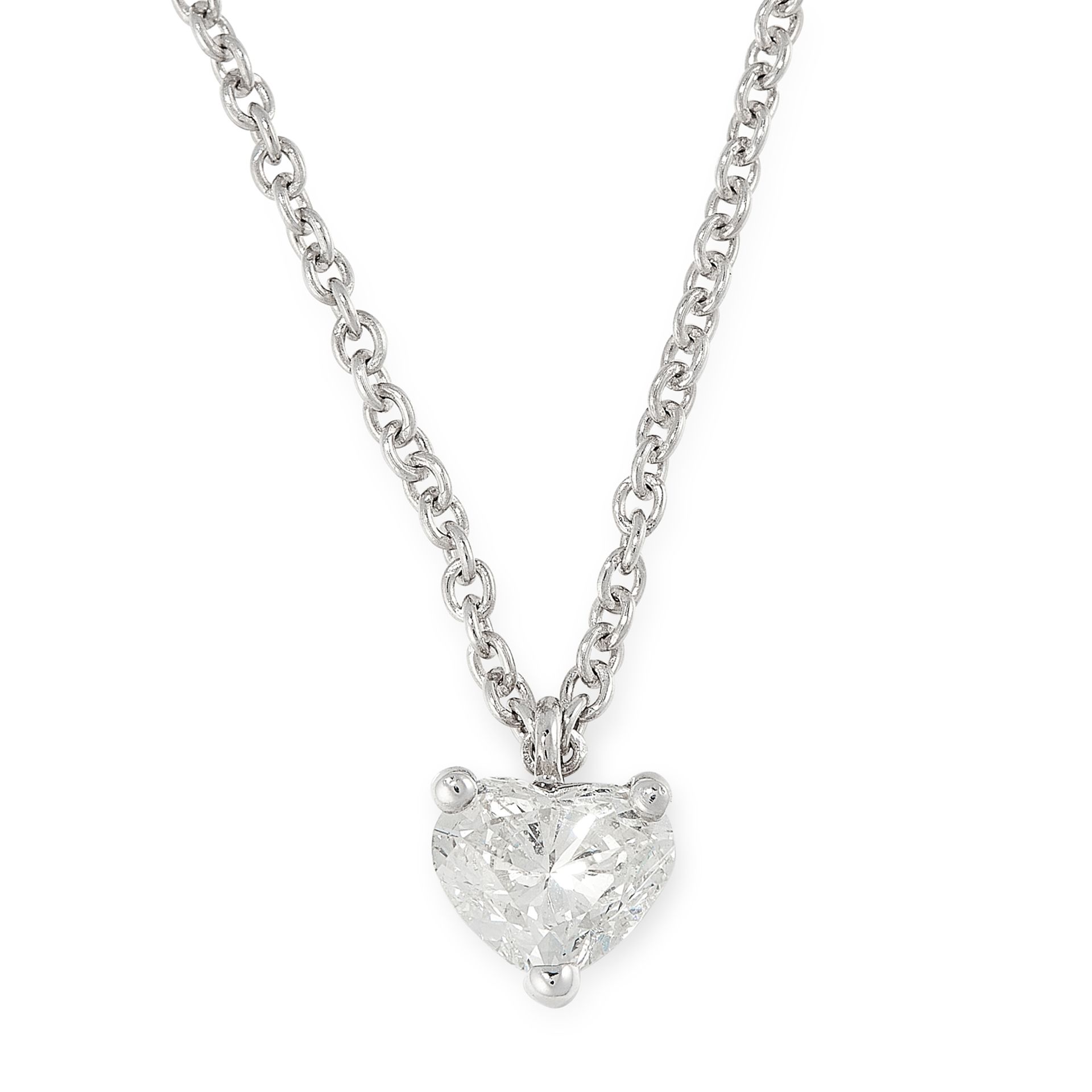 A DIAMOND PENDANT AND CHAIN in 18ct white gold, set with a heart cut diamond of 0.94 carats on a
