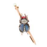 AN ANTIQUE GEMSET BUG BROOCH in yellow gold, depicting a beetle, the body is set with carved
