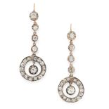 A PAIR OF ANTIQUE DIAMOND DROP EARRINGS in yellow gold and silver, each formed of a row of old cut