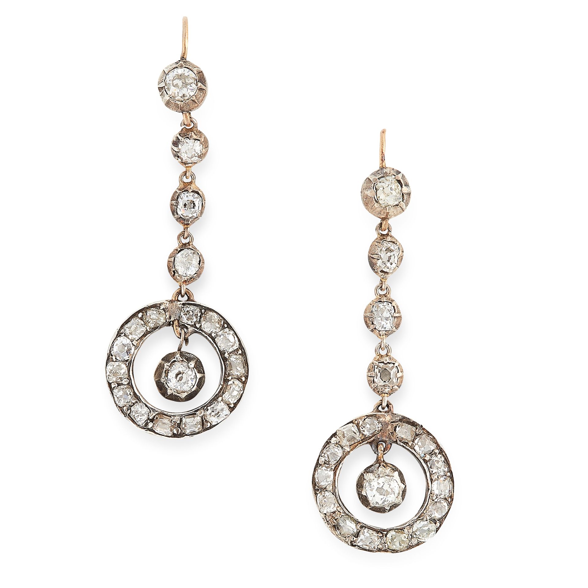 A PAIR OF ANTIQUE DIAMOND DROP EARRINGS in yellow gold and silver, each formed of a row of old cut