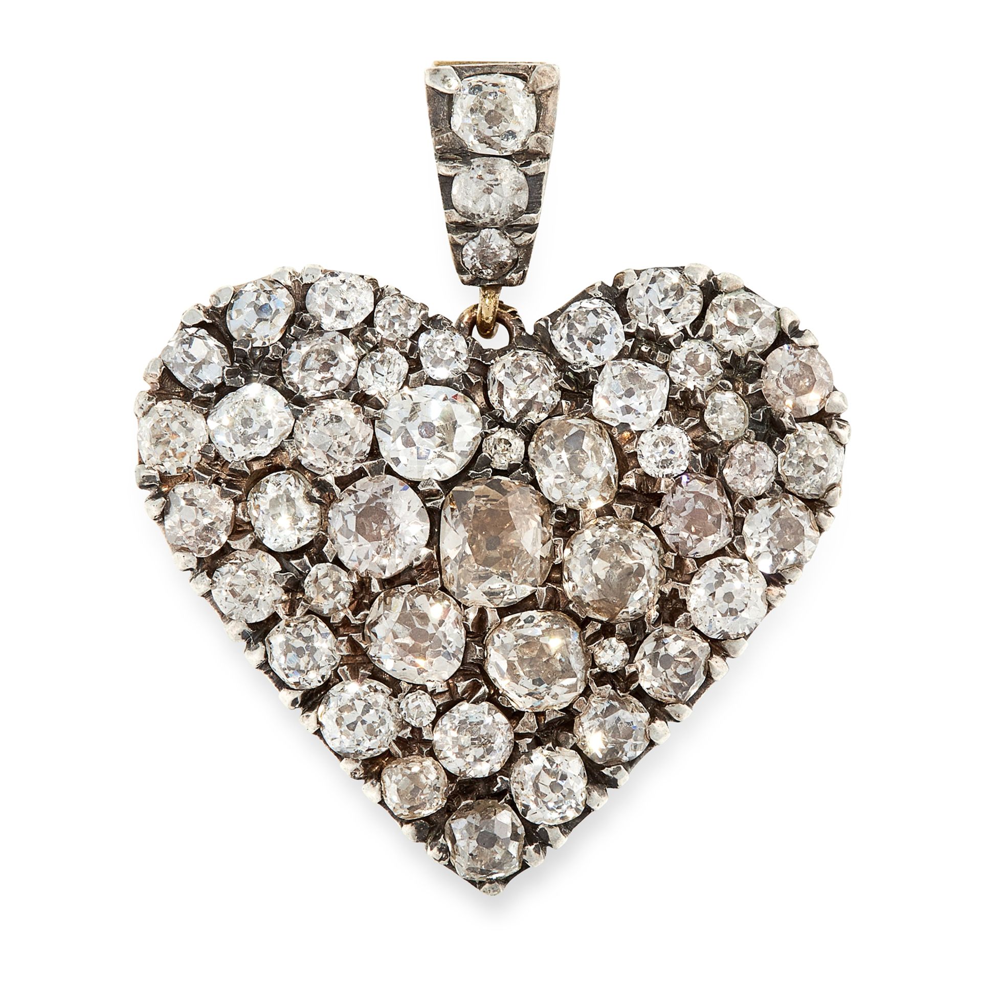 A DIAMOND HEART PENDANT in yellow gold and silver, designed as a heart, set allover to the front