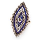 AN ANTIQUE ENAMEL AND DIAMOND BAGUE DE FIRMAMENT RING, 19TH CENTURY in yellow gold and silver, the