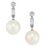 A PAIR OF PEARL AND DIAMOND EARRINGS in platinum, each set with a round cut diamond, suspending a