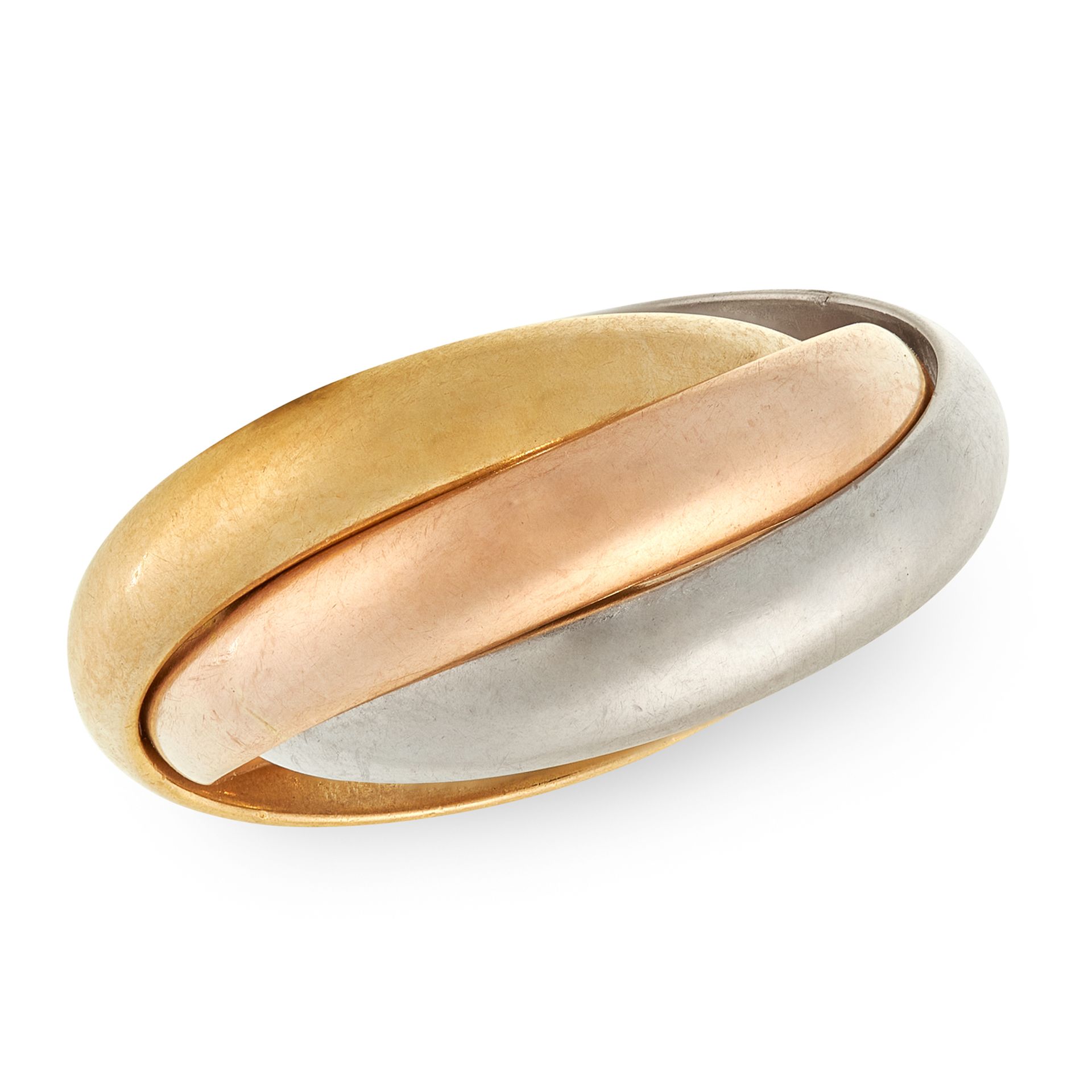 A TRINITY DE CARTIER RING, CARTIER in 18ct white, yellow and rose gold, comprising of three