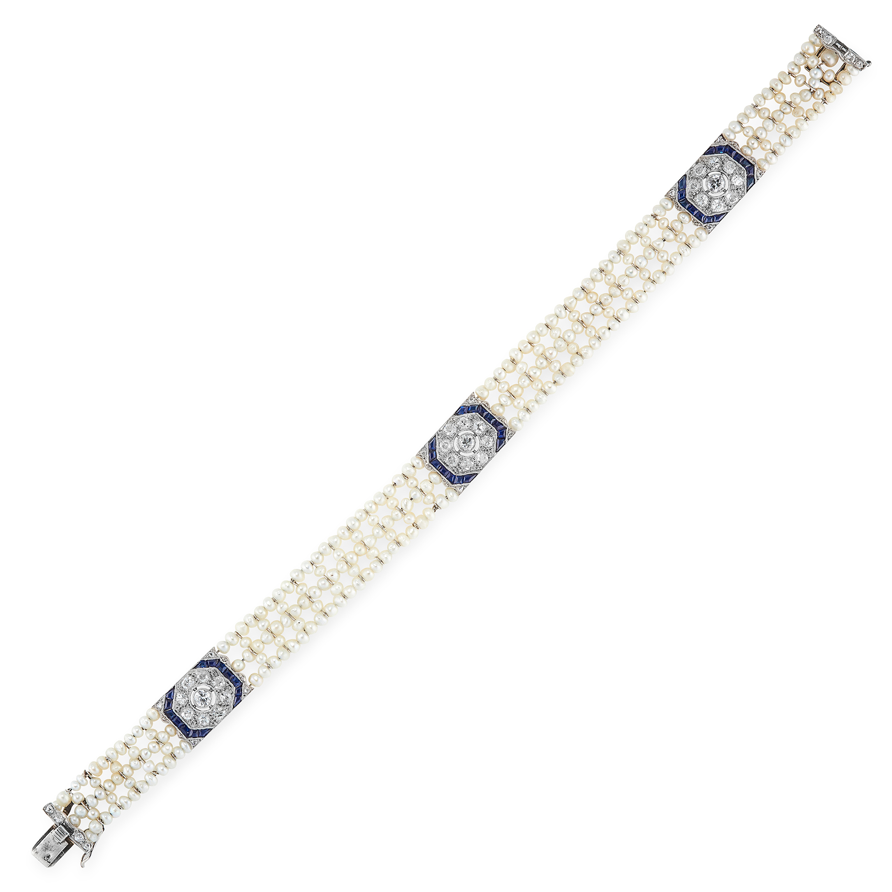 AN ANTIQUE ART DECO PEARL, DIAMOND AND SAPPHIRE BRACELET, EARLY 20TH CENTURY in 18ct white gold,