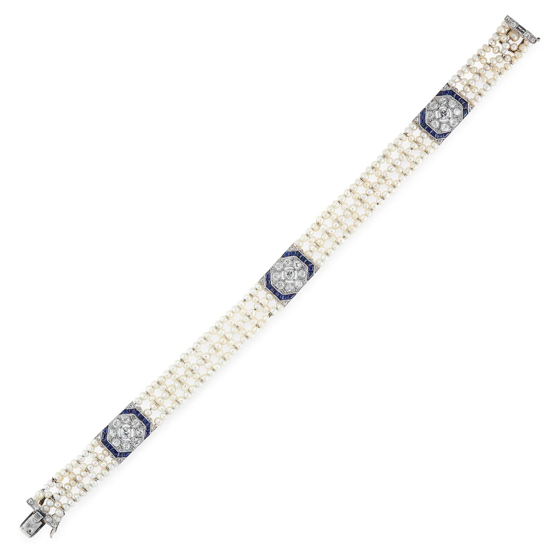 AN ANTIQUE ART DECO PEARL, DIAMOND AND SAPPHIRE BRACELET, EARLY 20TH CENTURY in 18ct white gold,